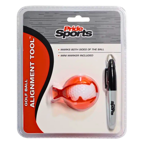 The Pride Sports Golf Ball Alignment Tool by Pride includes an orange alignment tool, a mini black marker, and helps mark both sides of your ball for better putting accuracy and reliable alignment on the green.