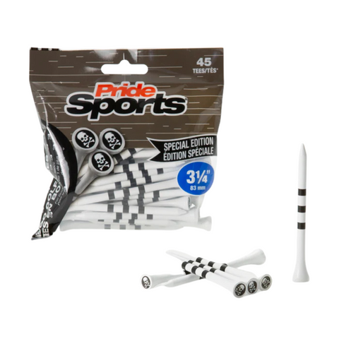 The PrideSports Special Edition Wood Golf Tees by Pride come in a bag of 45 durable hardwood tees with black stripes and skull graphics, plus several tees are shown outside the package.