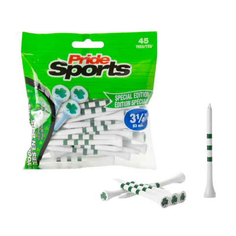 PrideSports Special Edition Wood Golf Tees by Pride feature green stripes and four-leaf clover designs. The 45-pack includes durable 3 1/4-inch hardwood tees, with some white tees shown outside the bag.