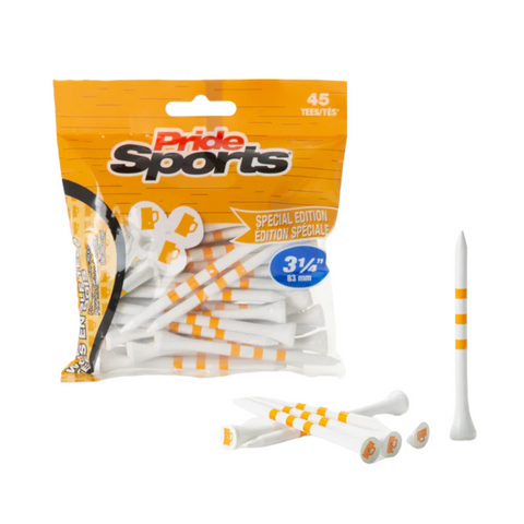 A package of PrideSports Special Edition Wood Golf Tees by Pride includes 45 white, durable hardwood tees with orange stripes. One tee is upright beside the package, with several others displayed in front.