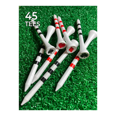 A close-up of PrideSports Special Edition Wood Golf Tees by Pride, crafted from durable hardwood with red and black stripes and card suit symbols on top, resting on artificial green grass. 45 TEES appears in the top left corner.