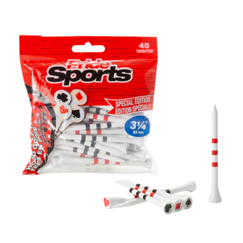 A pack of 45 PrideSports Special Edition Wood Golf Tees by Pride, each 3¼ long with red and white stripes. One tee stands upright while others lay down for display.