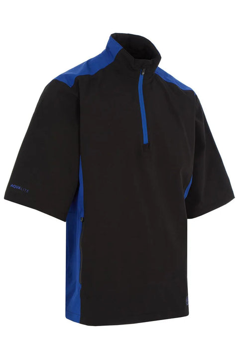 The ProQuip Mens Aqualite Pro Half Sleeve Rain Top is a lightweight black golf rain top with blue accents, high collar, and half-zip front. AQUALITE prints on the left sleeve—ideal protection for changing weather.