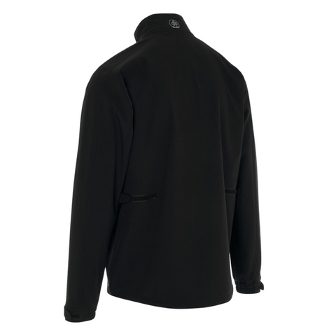 The ProQuip Mens Aqualite Pro Rain Jacket is a black, lightweight mens golf rainwear with a high collar, long sleeves, adjustable waist tabs, and a small circular logo at the top of the collar.