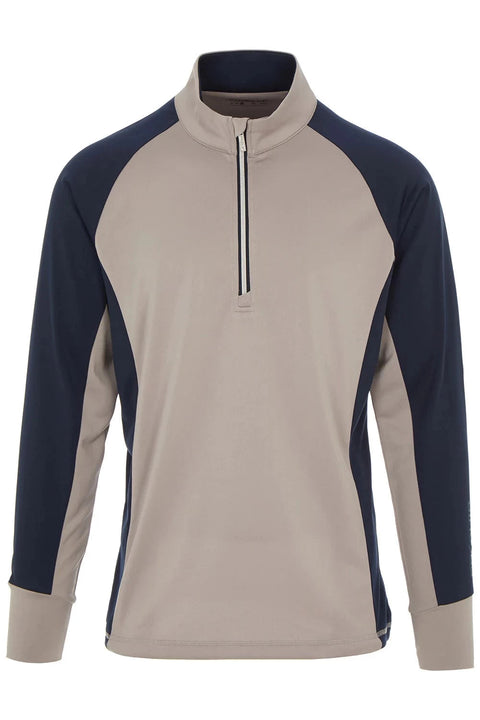 The Proquip Soft Touch Midlayer Pullover is a long-sleeve, quarter-zip top with a stand-up collar, made from moisture-wicking fabric in light beige with dark navy blue sleeves and side panels for stylish comfort on the course.