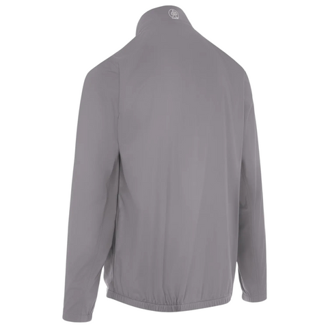 The Proquip Mens ProPac Lite Packable Waterproof Jacket in light gray features long sleeves, elastic waistband and cuffs, a small circular logo on the back collar, and is ideal for unpredictable golf course weather.