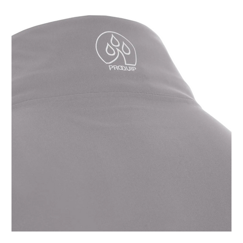 Close-up of the upper back of the Proquip Mens ProPac Lite Packable Waterproof Jacket in light gray, showing the Proquip logo and water droplet near the collar. This lightweight jacket offers style and weather protection on the course.