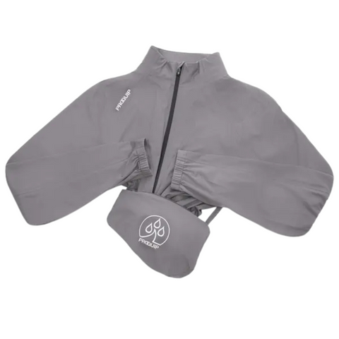 A gray Proquip Mens ProPac Lite Packable Waterproof Jacket, with long sleeves, elastic cuffs, and a zip front, is neatly folded beside its matching pouch featuring a white raindrop logo and “PROSUMP.”.