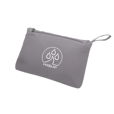 A gray zippered pouch with a loop handle and white Proquip logo featuring three water droplets—ideal for storing your Proquip Mens ProPac Lite Packable Waterproof Jacket or other lightweight golf rain jackets.