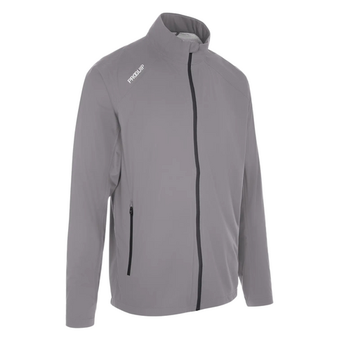 The Proquip Mens ProPac Lite Packable Waterproof Jacket features a light gray design, high collar, black zipper, left zippered pocket, and PROWLIR logo on the right shoulder. Lightweight golf rain jacket shown on a plain white background.