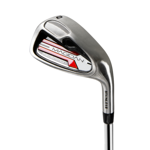 A close-up of a Prosimmon Magician MK4 6-iron, featuring a silver stainless steel head with black, red, and white accents. Part of the Prosimmon Men’s Golf Package Set with graphite shafts for improved performance.
