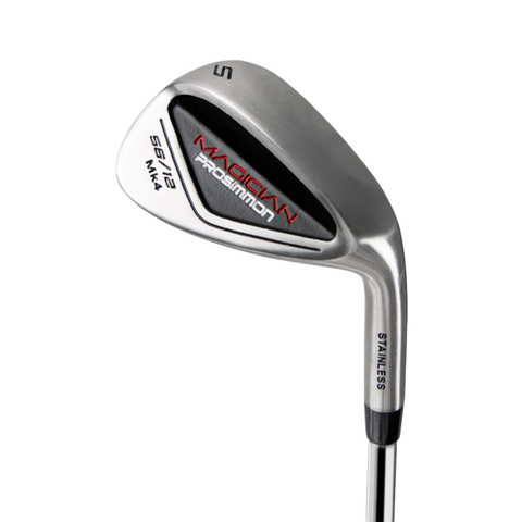 A close-up of a Prosimmon Magician MK4 stainless steel wedge labeled MAGICIAN PROSIMON, with 56/12 loft and bounce, features black and red accents—a forgiving club included in the Prosimmon Magician MK4 Men's Golf Package Set.