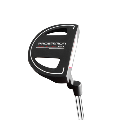 A black Prosimmon Magician MK4 putter head with white and red detailing, attached to a silver shaft, complements the Prosimmon Magician MK4 Mens Golf Package Set and is shown against a white background.