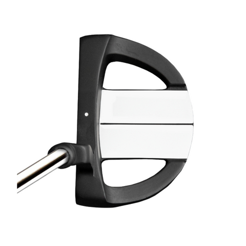 A top-down view of a Prosimmon Magician MK4 putter from the Prosimmon Magician MK4 Mens Golf Package Set, featuring a black and white finish with a metallic shaft, shown on a white background.