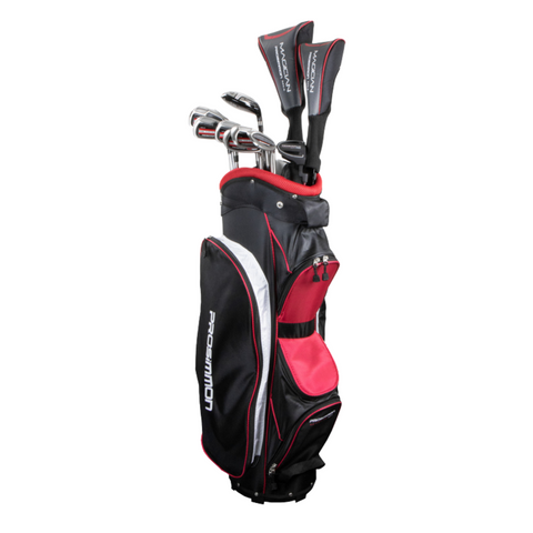 The Prosimmon Magician MK4 Men's Golf Package Set in black, red, and white stands upright, filled with forgiving steel clubs—some with headcovers. The bag features multiple compartments and displays the Prosimmon brand name on the side.
