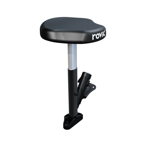 The Rovic RV2L Golf Trundler Seat is a black and silver seat attachment with cushion, metal post, and clamp, designed for mounting on Rovic golf push carts.