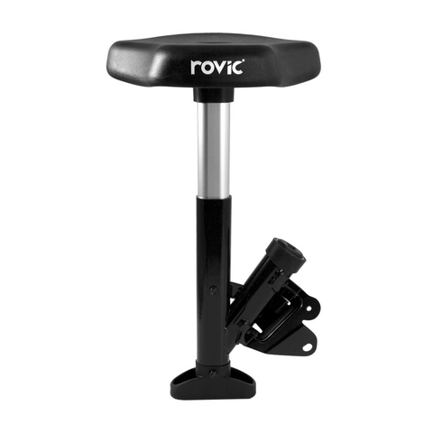 The Rovic RV2L Golf Trundler Seat is a black and silver, round padded seat with a mounting bracket for easy attachment, designed specifically to fit the Rovic brands RV2L model.