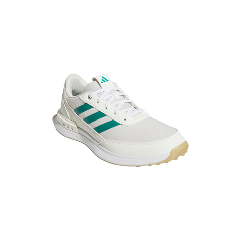 The S2G 24 Womens Golf Shoes by golf360nz in Off White/Pure Teal/Alumina feature teal Adidas stripes, white laces, and a beige sole, combining spikeless style and comfort, shown on a plain white background.