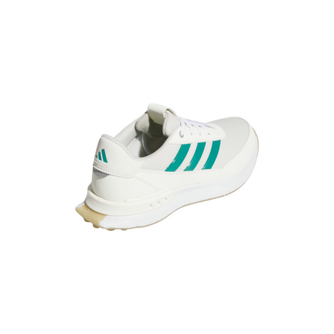 The S2G 24 Womens Golf Shoes by golf360nz, in Off White/Pure Teal/Alumina, feature teal Adidas stripes and logo, white laces, a mesh upper, beige spikeless outsole, and are shown from the back left side on a plain background.