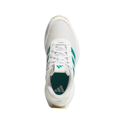 Top view of the S2G 24 Womens Golf Shoes by golf360nz in Off White/Pure Teal/Alumina, featuring teal stripes and logo, white laces and sole, mesh-like upper, and a spikeless design for stylish comfort on the course.