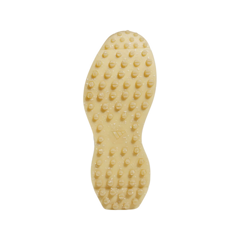 The cream-colored sole features an uneven pattern of round, raised bumps for reliable traction, designed for spikeless golf shoes like the S2G 24 Womens Golf Shoes by golf360nz in Off White/Pure Teal/Alumina. Seen from below against a white background.