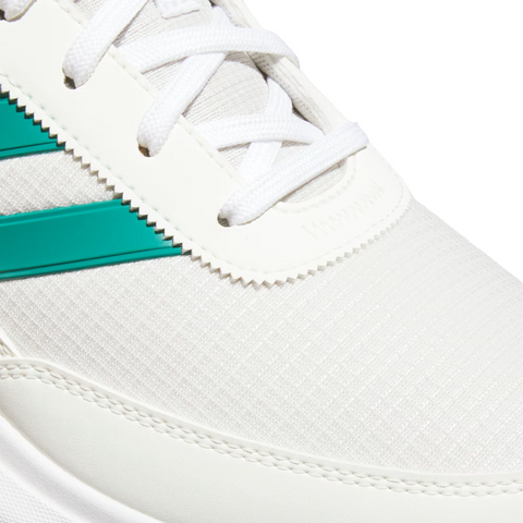Close-up of the S2G 24 Womens Golf Shoes by golf360nz in Off White/Pure Teal/Alumina highlights the white laces, textured fabric, smooth leather, and teal stripes with visible stitching on these spikeless golf shoes.