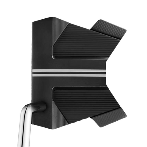 The Scotty Cameron 2025 Limited Edition Phantom Black 11 Putter head features angular wings, textured surfaces, and two parallel white alignment lines on top. The shaft enters from the lower left against a white background.