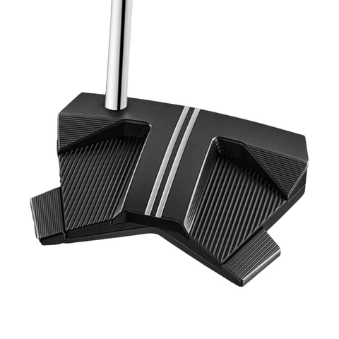A close-up of the Scotty Cameron 2025 Limited Edition Phantom Black 11 Putter head highlights its modern ridged design and dual white alignment lines, showcasing this high MOI putter against a white background.