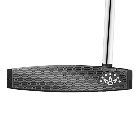 Close-up of the Scotty Cameron 2025 Limited Edition Phantom Black 11 Putter head, showing its patterned face and white crown logo. The high MOI design has the shaft attached at the top right corner.