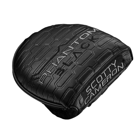 Protect your Scotty Cameron 2025 Limited Edition Phantom Black 11 Putter with this black leather headcover, featuring PHANTOM BLACK and SCOTTY CAMERON in silver embroidery and a modern hexagonal texture.