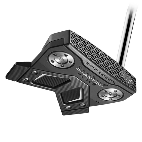 A close-up of the Scotty Cameron 2025 Limited Edition Phantom Black 11 Putter highlights its high MOI, striking black and silver design, textured face, and visible screws on the sole.