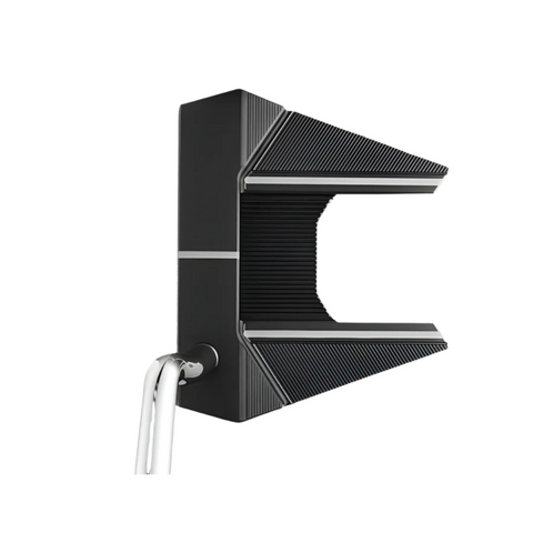 The Scotty Cameron 2025 Limited Edition Phantom Black 7 Putter features a modern black mallet head with a unique U-shaped design, dual-milled face, textured edges, and a metallic shaft mounted left—all set against a white background.