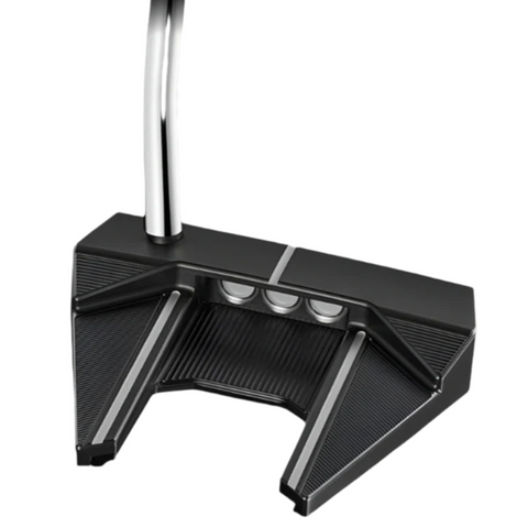 The Scotty Cameron 2025 Limited Edition Phantom Black 7 Putter features a wide, angular mallet head with three alignment dots, textured top and sides, and a dual-milled face for enhanced feel.