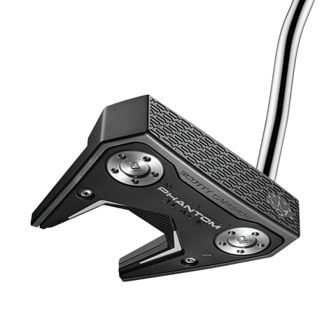 A close-up of the Scotty Cameron 2025 Limited Edition Phantom Black 7 Putter shows its modern V-shaped black clubhead, dual-milled face, metallic accents, and visible Scotty Cameron branding on the head.