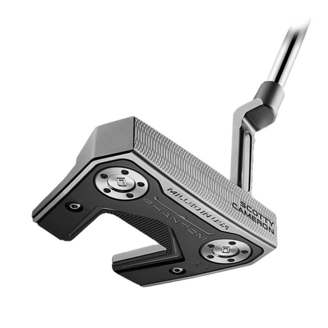A close-up of the Scotty Cameron 2025 Phantom 5.2 Putter shows its precisely milled steel head, bold engravings, metallic screws, and tour-proven stability on a shiny angled shaft, all set against a white background.