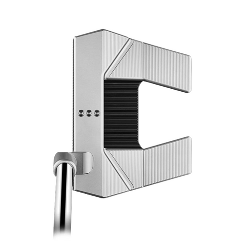 The Scotty Cameron 2025 Phantom 5.2 Putter is a silver, modern mallet with tour-proven stability, clean lines, textured surfaces, and a black central cavity, shown overhead with a side-attached shaft.