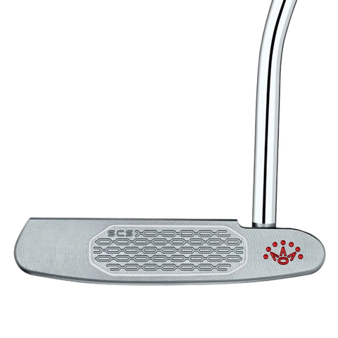 A close-up of a Scotty Cameron 2025 Studio Style Catalina Putter reveals a classic blade design with a textured face, curved metal shaft, red accents, and crown-like logo on the head, reflecting Scotty Cameron’s refined style.