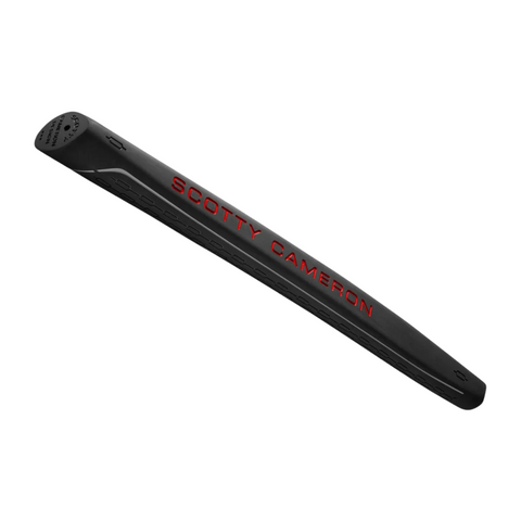 A sleek black grip with red SCOTTY CAMERON lettering, designed to complement the Scotty Cameron 2025 Studio Style Catalina Putter, featuring a subtle texture and refined details for a classic look.