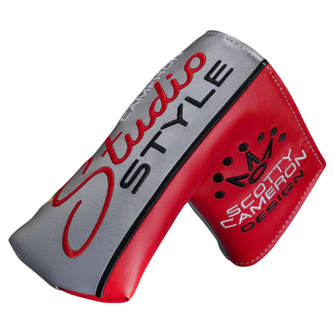 Keep your Scotty Cameron 2025 Studio Style Catalina Putter safe with this red and gray headcover featuring Studio Style and Scotty Cameron Design embroidered in black and white—ideal for classic blade putters.