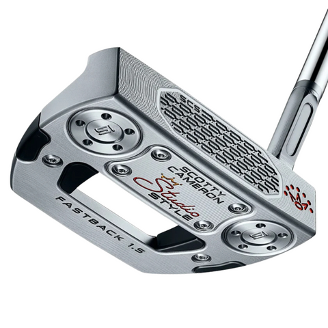 Close-up of the Scotty Cameron 2025 Studio Style Fastback 1.5 Putter, a mid-mallet by Scotty Cameron featuring a milled stainless steel face, metallic silver finish, engraved text, circular weights, and red Special Select script on the head.