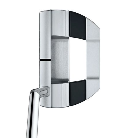 A top-down view of the Scotty Cameron 2025 Studio Style Fastback 1.5 Putter by Scotty Cameron, featuring a milled stainless steel face, silver and black mid-mallet design, metallic shaft, and angular clubhead.