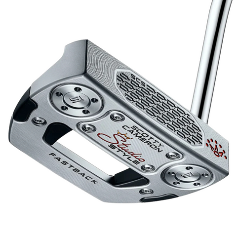 A close-up of the Scotty Cameron 2025 Studio Style Fastback Long Design Putter showcases its silver metallic finish, engraved details, and red and black Scotty Cameron branding on the clubhead.