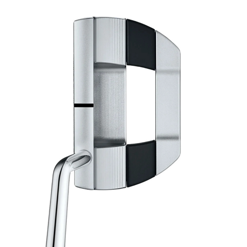 A close-up of the Scotty Cameron 2025 Studio Style Fastback Long Design Putter highlights its silver and black finish, modern metallic look, and geometric accents, photographed on a white background.