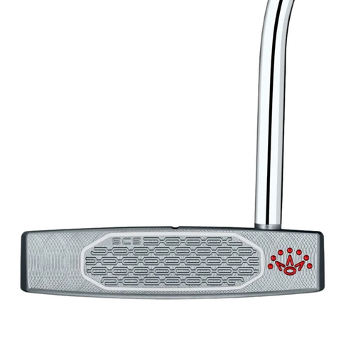 Close-up of a Scotty Cameron 2025 Studio Style Fastback Long Design Putter head in silver, showcasing its patterned face, curved chrome shaft, and a red crown logo with three dots on the lower right corner.