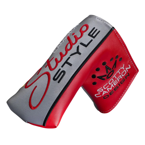 Protect your Scotty Cameron 2025 Studio Style Fastback Long Design Putter with this red and silver headcover featuring Studio Style, Scotty Cameron Design, and a crown logo for stylish protection.