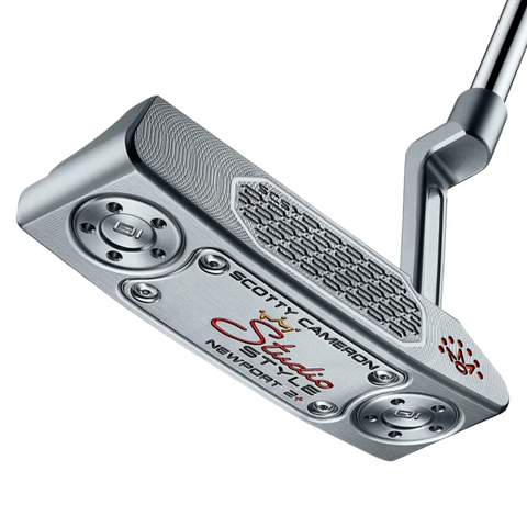 A close-up of the Scotty Cameron 2025 Studio Style Newport 2 Plus Putter highlights precision milling, red Studio Style script, Newport 2 Plus engraving, a textured face, and visible screws on the head.