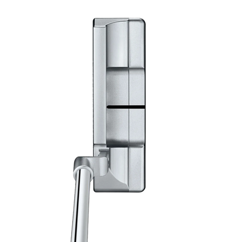 Top-down view of the Scotty Cameron 2025 Studio Style Newport 2 Plus putter, featuring a precision-milled silver clubhead, straight black alignment line, and an angled metallic shaft.