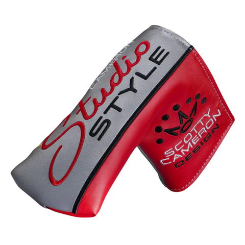 Protect your Scotty Cameron 2025 Studio Style Newport 2 Plus Putter with this red and gray headcover featuring Studio Style embroidery, a crown logo, and Scotty Cameron Design on the side—ideal for precision milled classics.