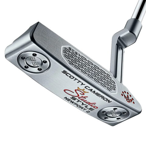 A close-up of the Scotty Cameron 2025 Studio Style Newport 2 Putter highlights its silver finish, engraved details, and Scotty Cameron branding on the club head.