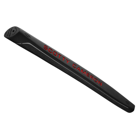 A black Scotty Cameron putter grip with red branding runs along its length, featuring subtle surface textures and designed for the 2025 Studio Style Newport 2 precision milled putter.